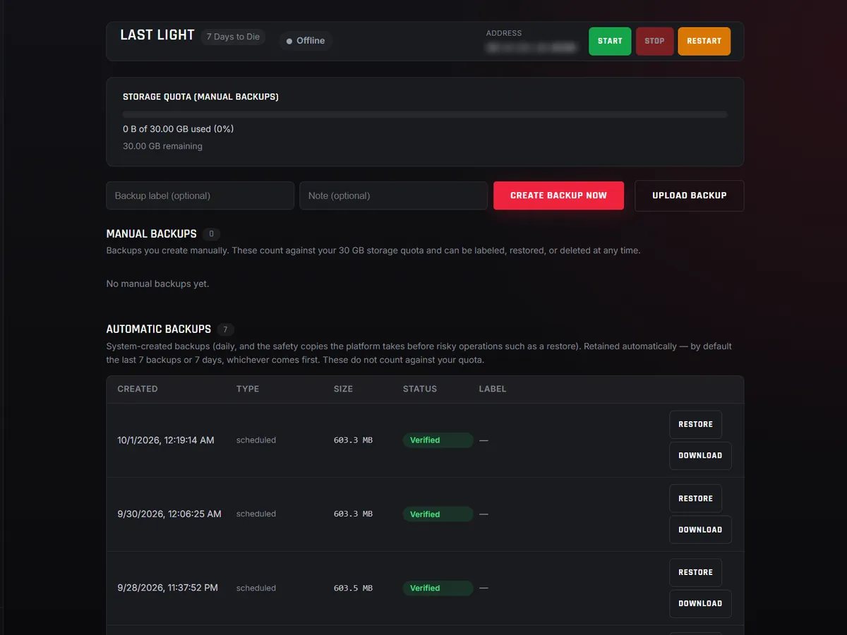 The Backups tab: the manual backup quota, Create Backup Now and Upload Backup, and the verified automatic backups, each with Restore and Download.