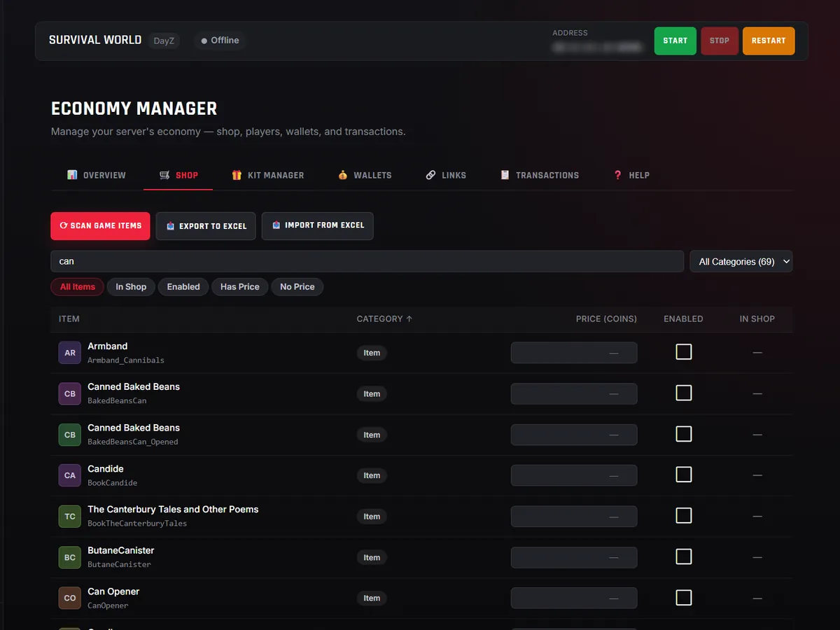 The Economy Manager shop: the game items scanned from the server, each with a price, an enabled switch and whether it is in the shop.