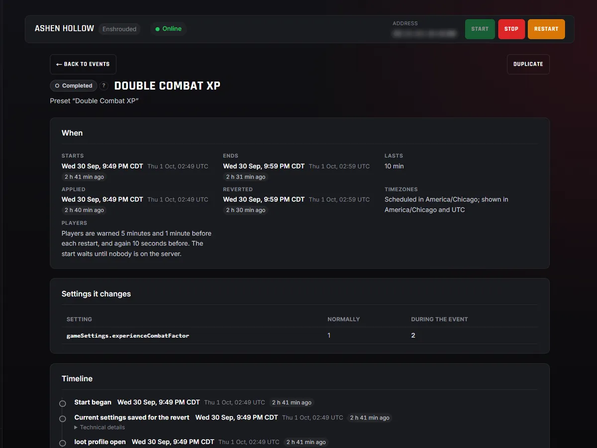A completed settings event in the Event Manager: when it started and ended, when it was applied and put back, the setting it changed and its timeline.