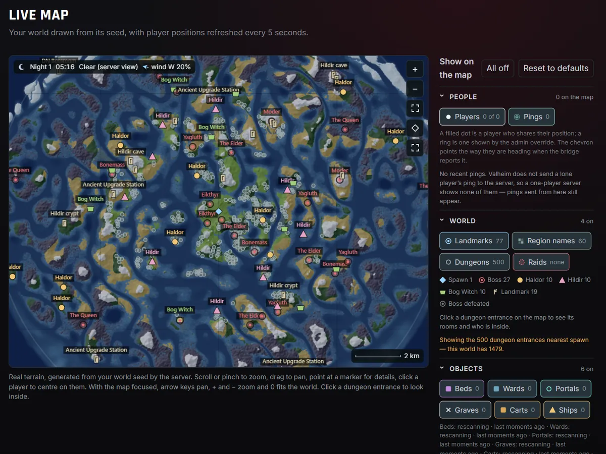 A Valheim server's live map in the panel: the world drawn from its seed, with landmarks, bosses, traders and dungeons, and the layer list beside it.