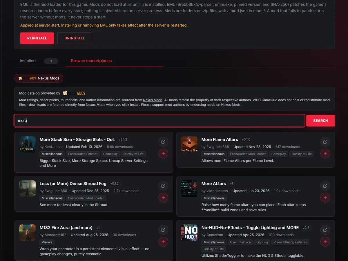 The Mods tab: the mod loader installed, and marketplace search results with versions, authors, downloads and Install buttons.