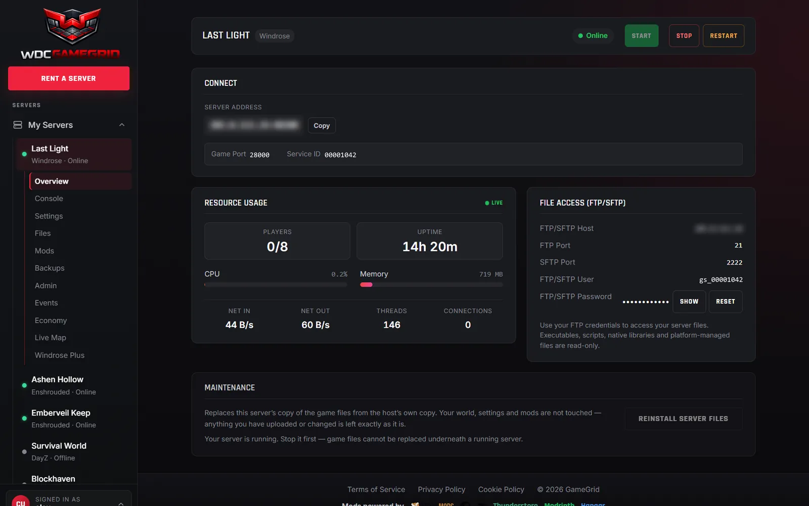 The GameGrid panel overview of a running server: address, game port, players, uptime, CPU, memory, network and FTP/SFTP access.