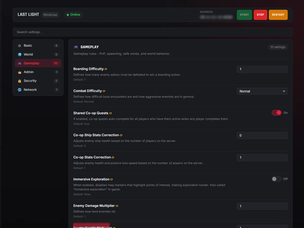 Server settings grouped by category, each with its description, default and a marker for settings that apply after a restart.